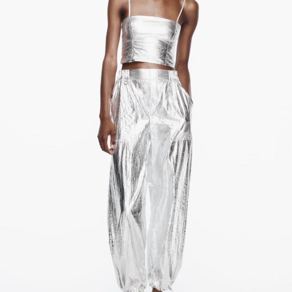 ZARA WIDE LEG METALLIC PANTS - Picture 7 of 8